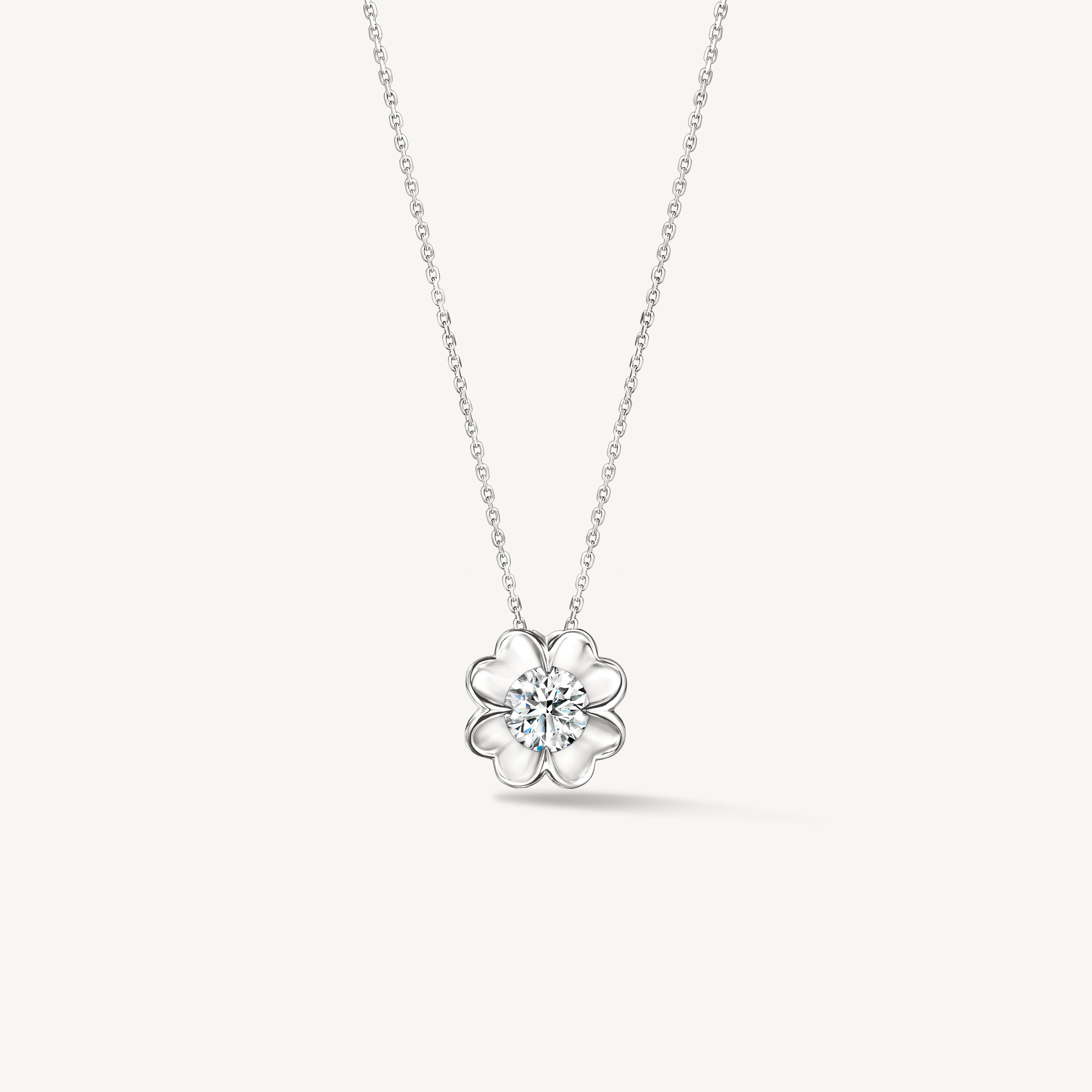 Whimsical Clover Single Diamond Pendant Necklace, 18K White Gold, large